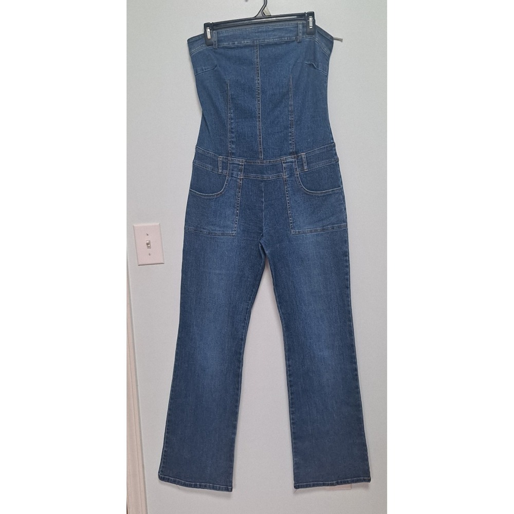 Vintage 90s Hot Kiss Stretch Denim Strapless Corset Boot Cut Pant/ Jumpsuit M/L
